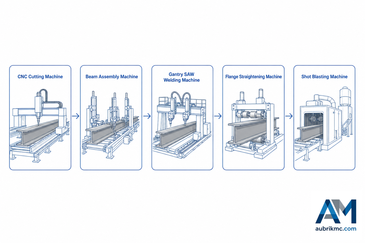 Machine Stack: Cutting, Beam Assembly, Gantry Welding, Straightening, and Shot Blasting — Aubrik