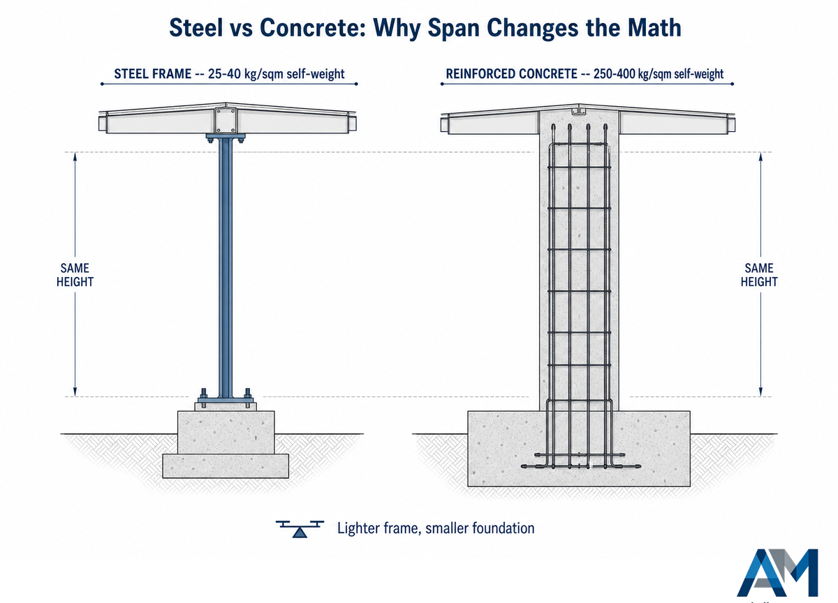 Steel vs Concrete vs Traditional Brick-Frame, Why Span Changes the Math