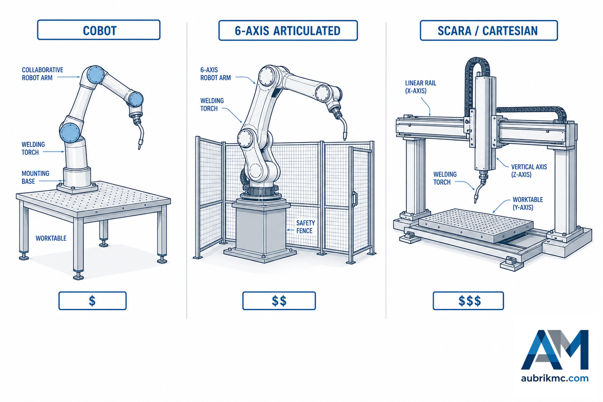 Robotertyp-Kostenstufen: Cobot vs. 6-Axticulated vs. SCARA/Cartesian Kostenstufe Aubrik