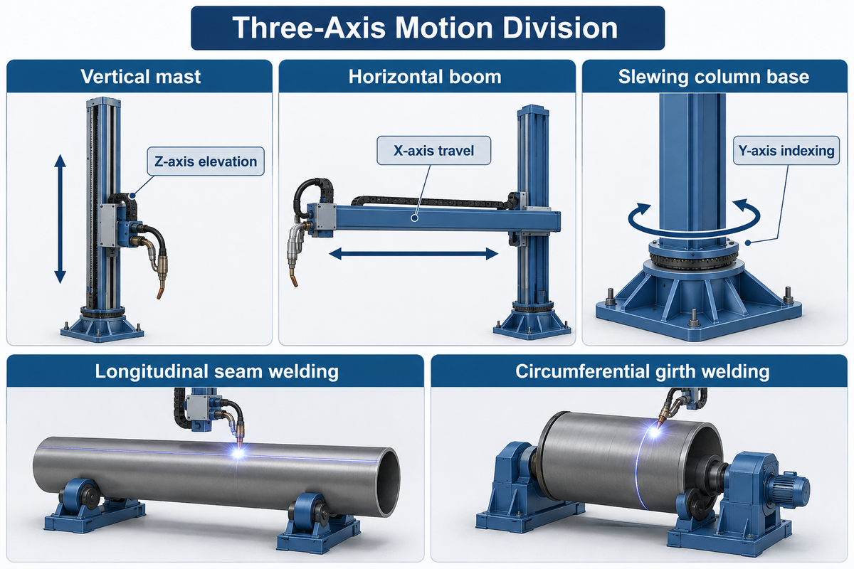 Three-axis column and boom manipulator diagram showing vertical mast Z-axis elevation, horizontal boom X-axis travel, and slewing column base Y-axis indexing.