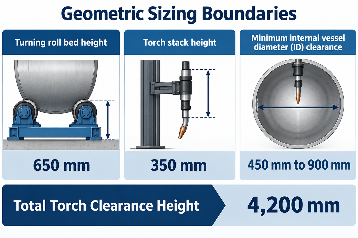 Infographic showing vertical column stroke sizing with 650 mm turning roll height, 350 mm torch clearance, 4,200 mm total height, and 450 mm to 900 mm internal pipe clearance.