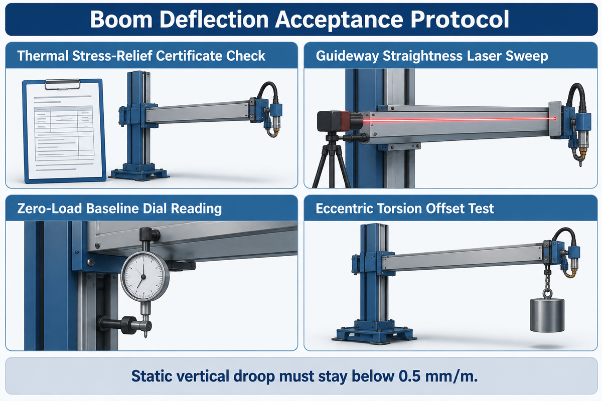 Boom deflection acceptance protocol diagram covering thermal stress-relief, guideway laser sweep, zero-load dial reading, and eccentric torsion test.