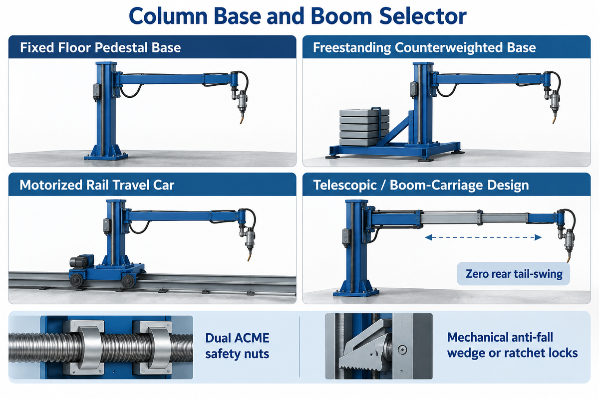 Infographic comparing fixed pedestal, freestanding counterweighted, motorized rail travel car, and telescopic zero tail-swing boom configurations.
