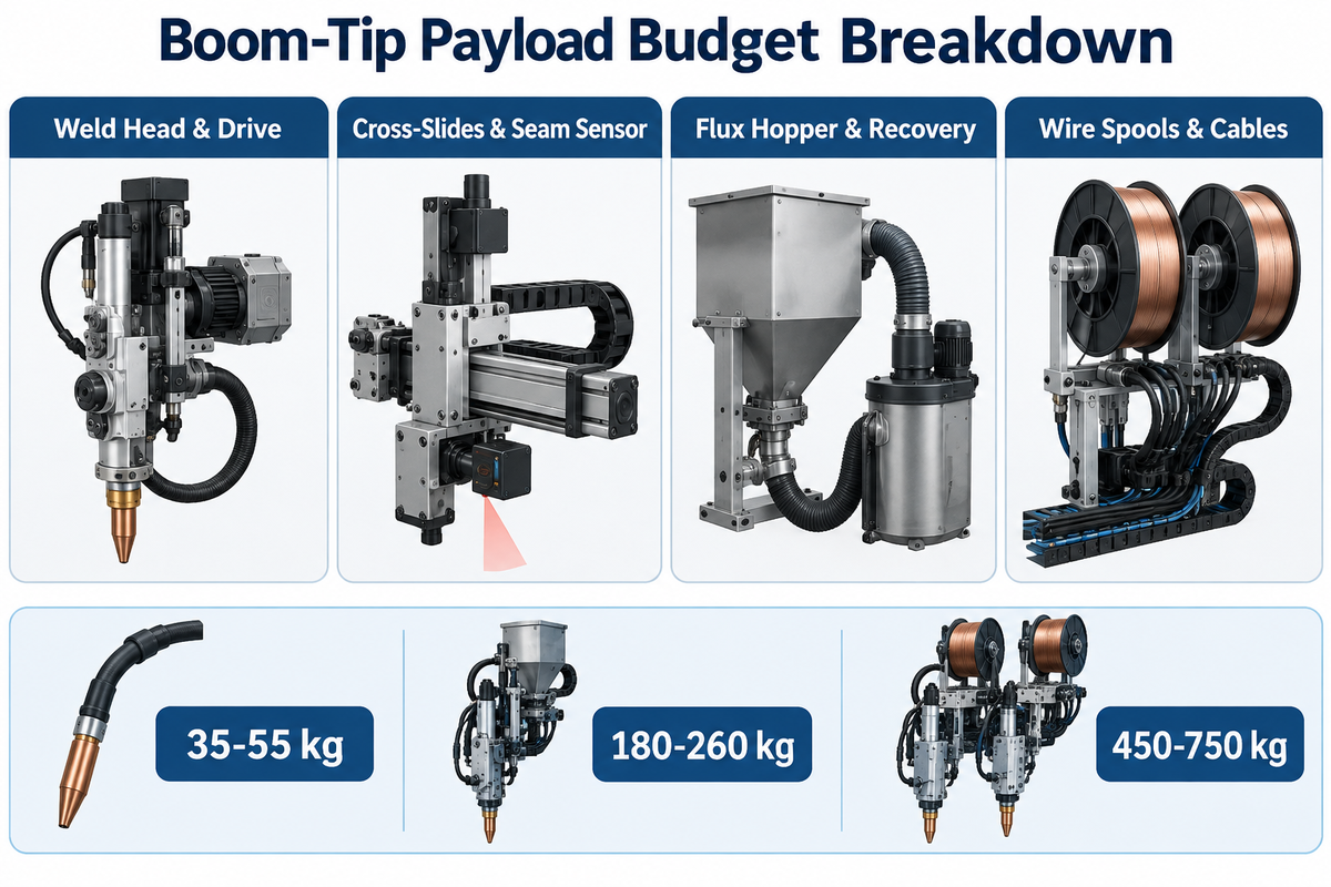 Infographic breaking down boom-tip payload sub-assemblies: weld head, cross-slides, flux hopper recovery, and wire spools.