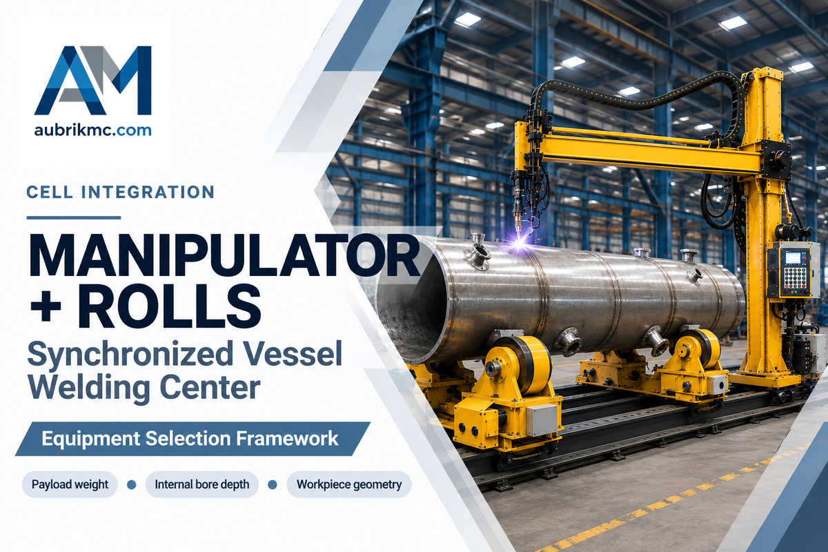 Aubrik column and boom manipulator paired with turning rolls for synchronized longitudinal and circumferential vessel welding.