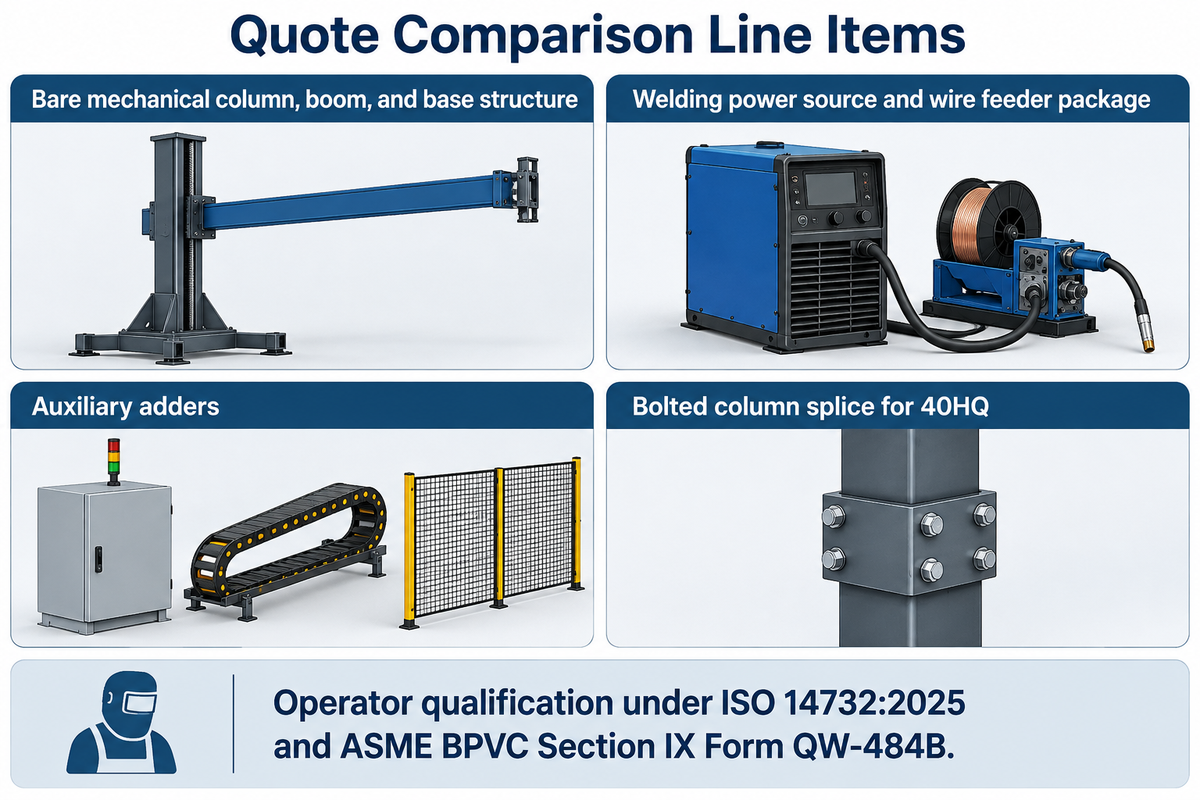 Infographic showing four quotation comparison line items, 40HQ container bolted column splice requirement, and ISO 14732:2025 / ASME QW-484B qualification.
