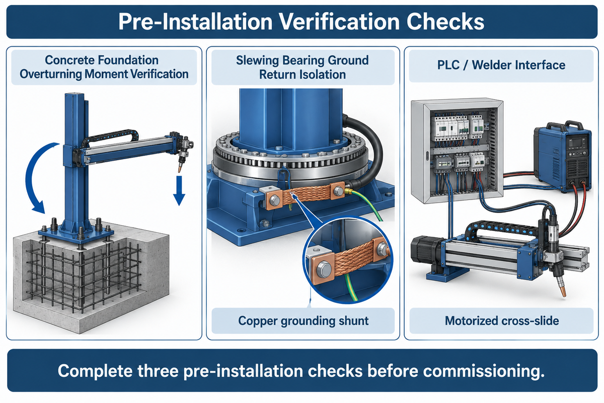 Pre-installation verification diagram showing concrete foundation overturning check, slewing bearing copper grounding shunt, and seam tracking PLC handshake.
