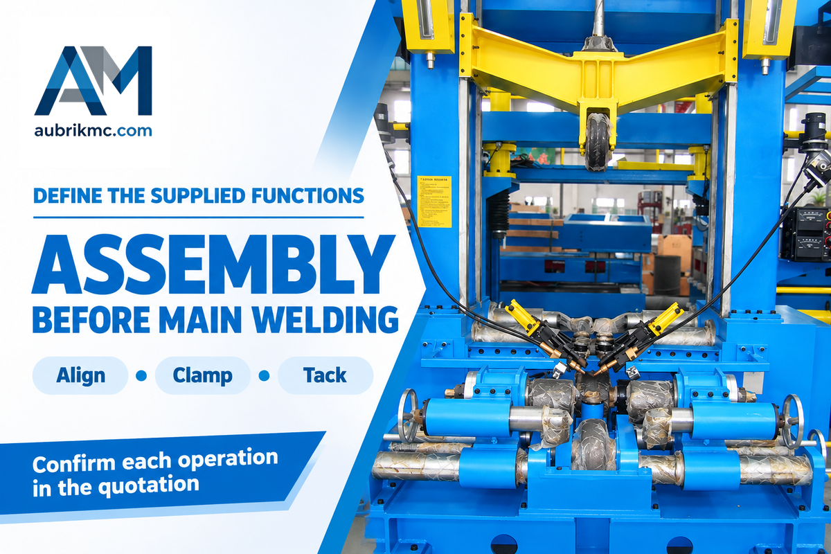 Aubrik's assembly station aligns and tacks plates; the main longitudinal welds belong to the specified welding package.