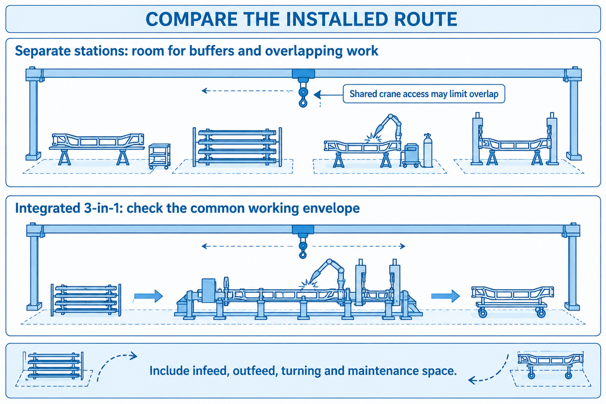 Separate stations allow buffers; an integrated 3-in-1 still needs handling and access space for the same beam jobs.