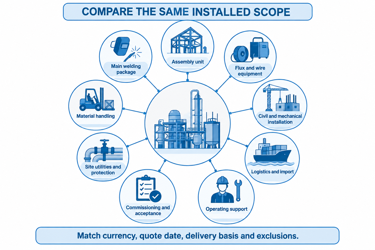Compare nine installed-scope categories before judging H-beam line quotations; this is a scope method, not price data.