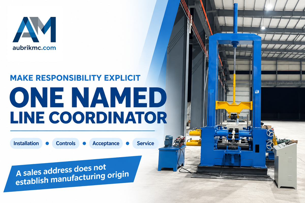 Name the line coordinator and assign installation, commissioning and service work; a US sales address proves no origin.