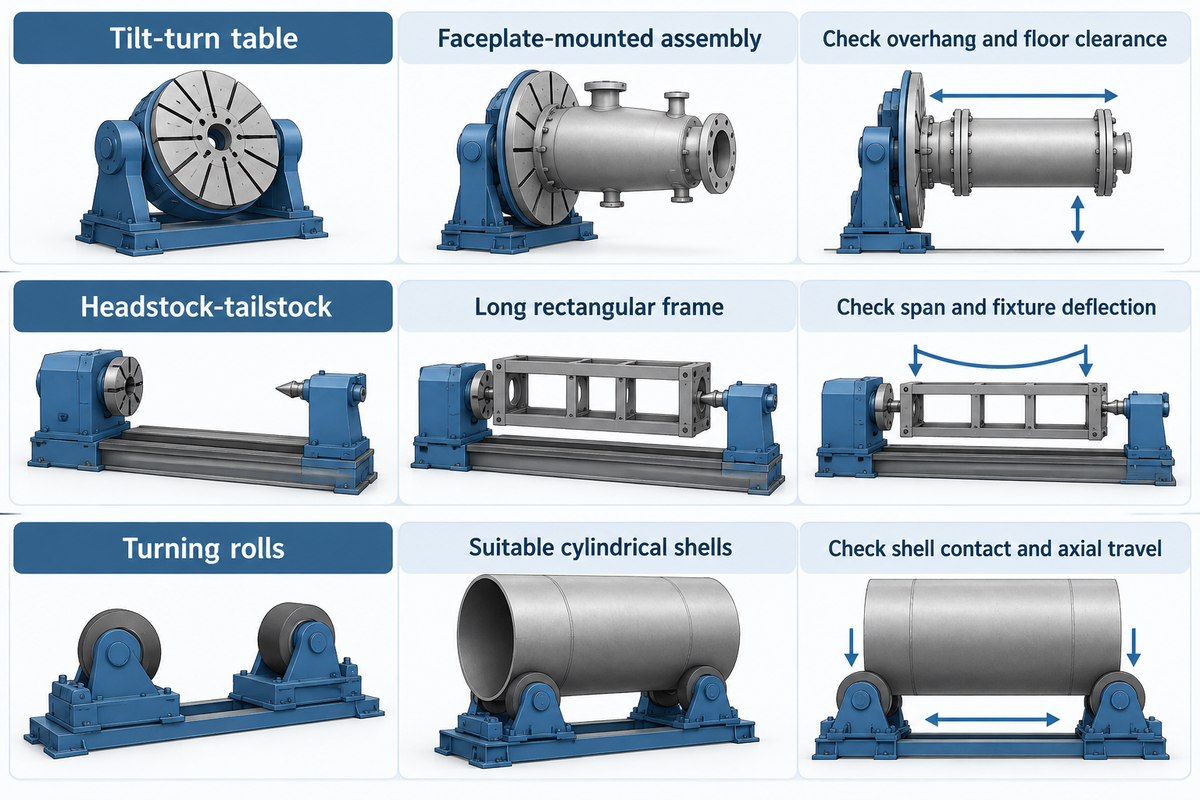 The Fabricator kılavuzuna göre geometri ve darboğaz bakımından karşılaştırılan üç kaynak pozisyoneri destek grubu
