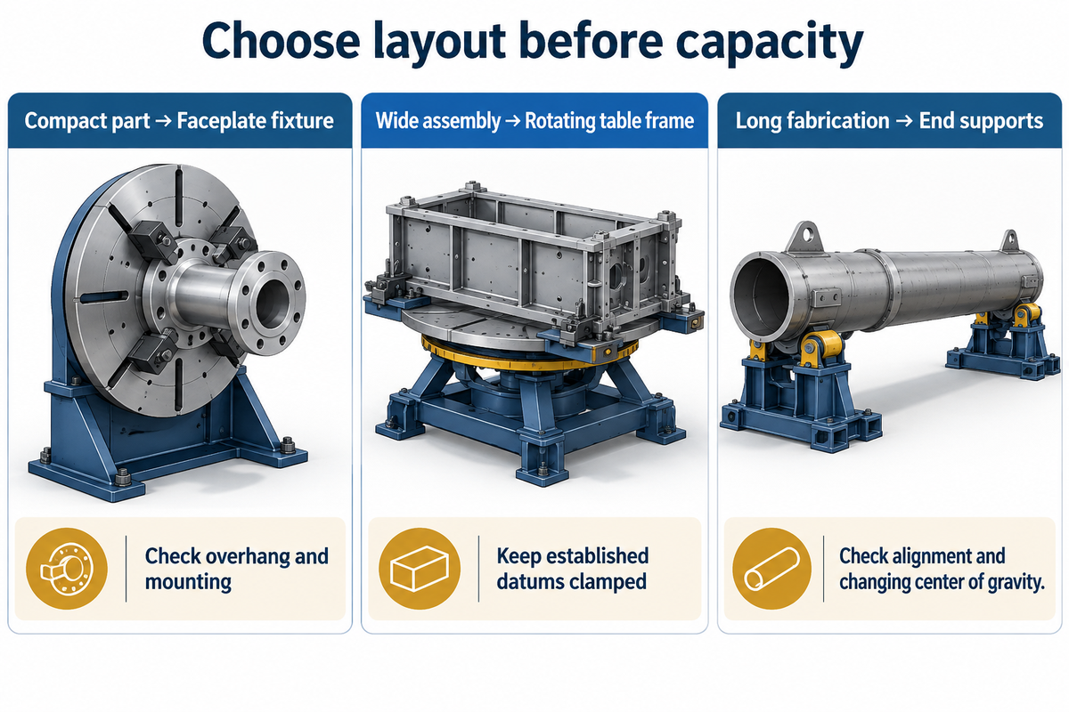 Three workpiece shapes matched to suitable support layouts
