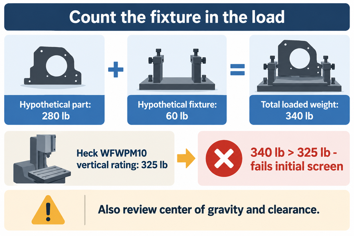 Hypothetical 340 lb combined load exceeding the Heck model's 325 lb vertical rating