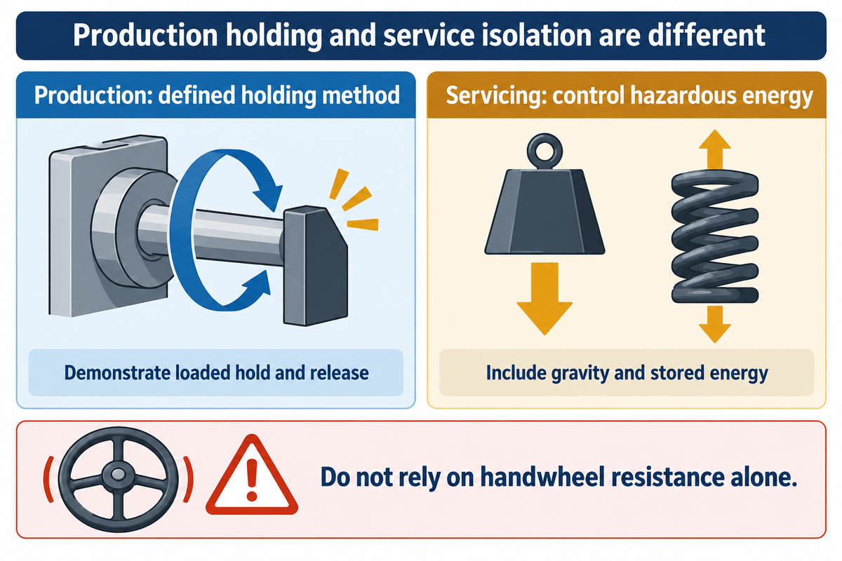 Production holding contrasted with hazardous-energy isolation for servicing