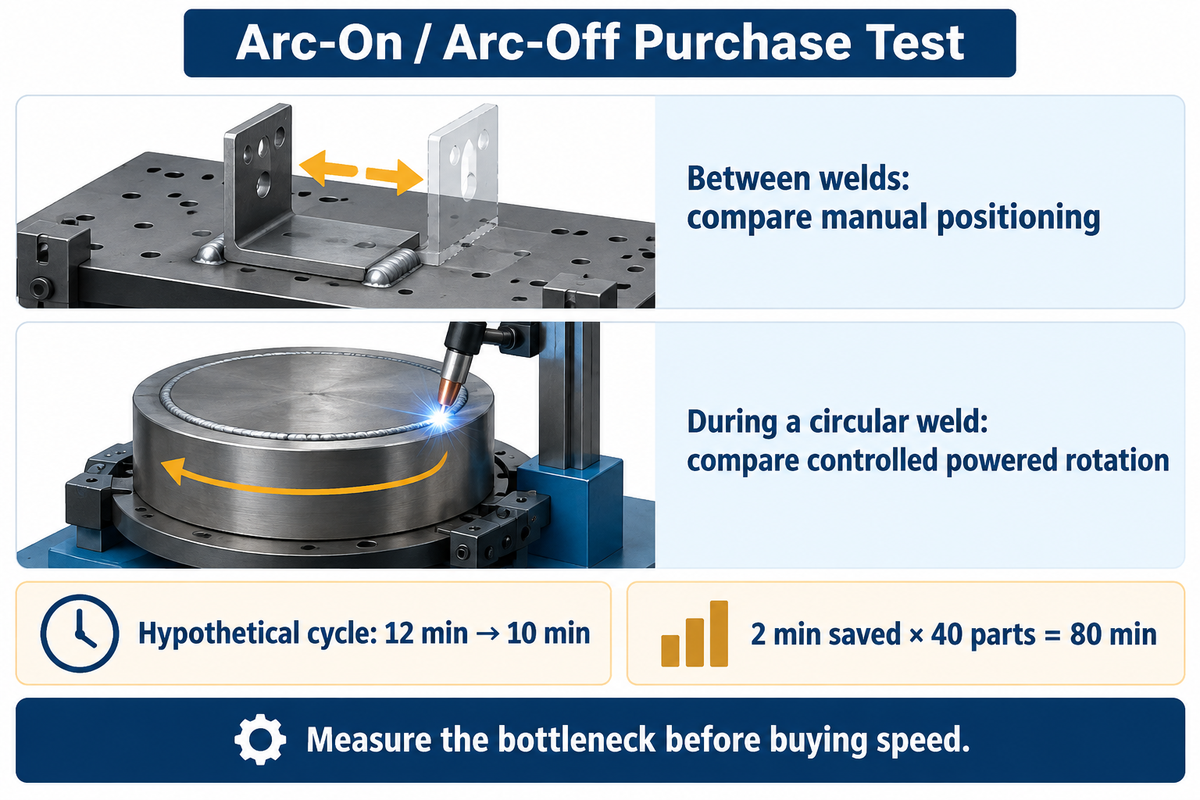 Arc-on and arc-off motion decision with an explicitly hypothetical cycle-time example