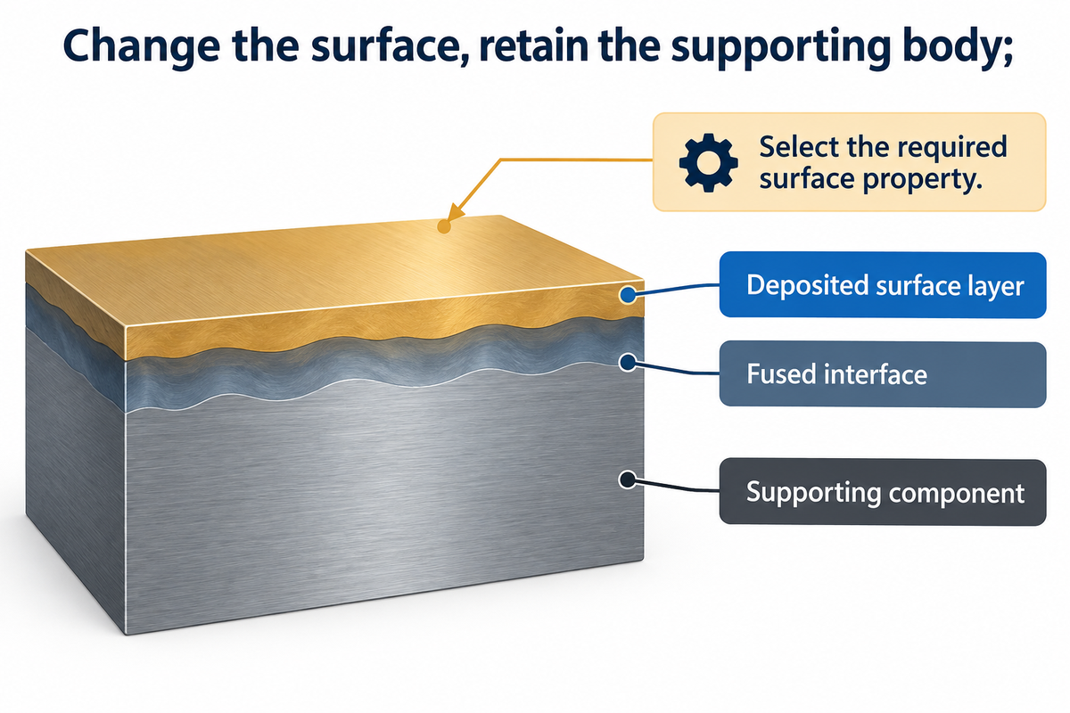 Overlay changes surface properties while retaining the supporting body; TWI cladding guidance.