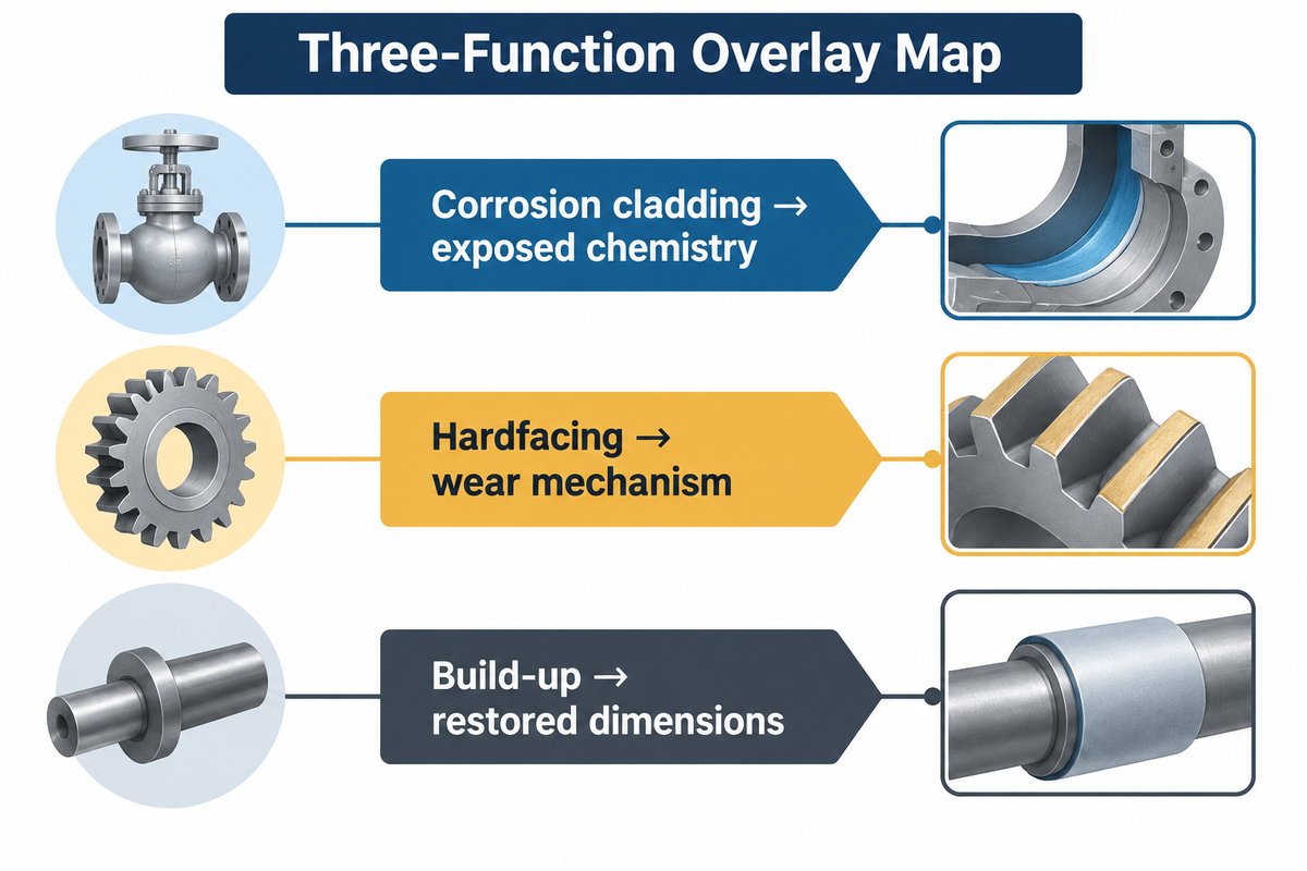 Cladding targets chemistry, hardfacing targets wear, and build-up restores dimensions; TWI and ISO 15614-7 scope.