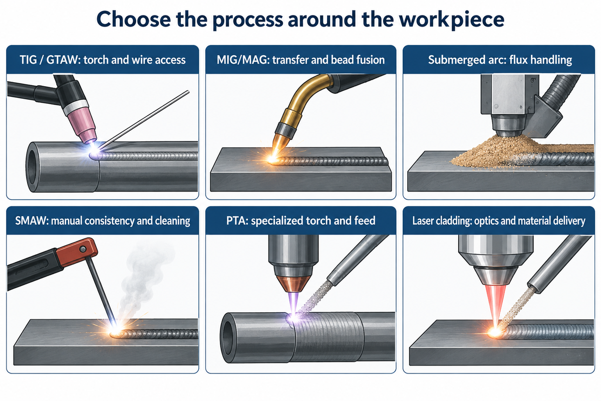 Match six overlay process families to access, feed and handling constraints; TWI cladding guidance.