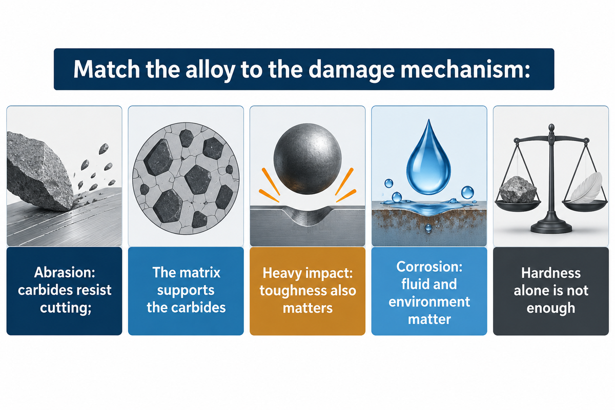Carbides resist abrasion while the matrix supports them; hardness alone is insufficient; AWS and The Fabricator.