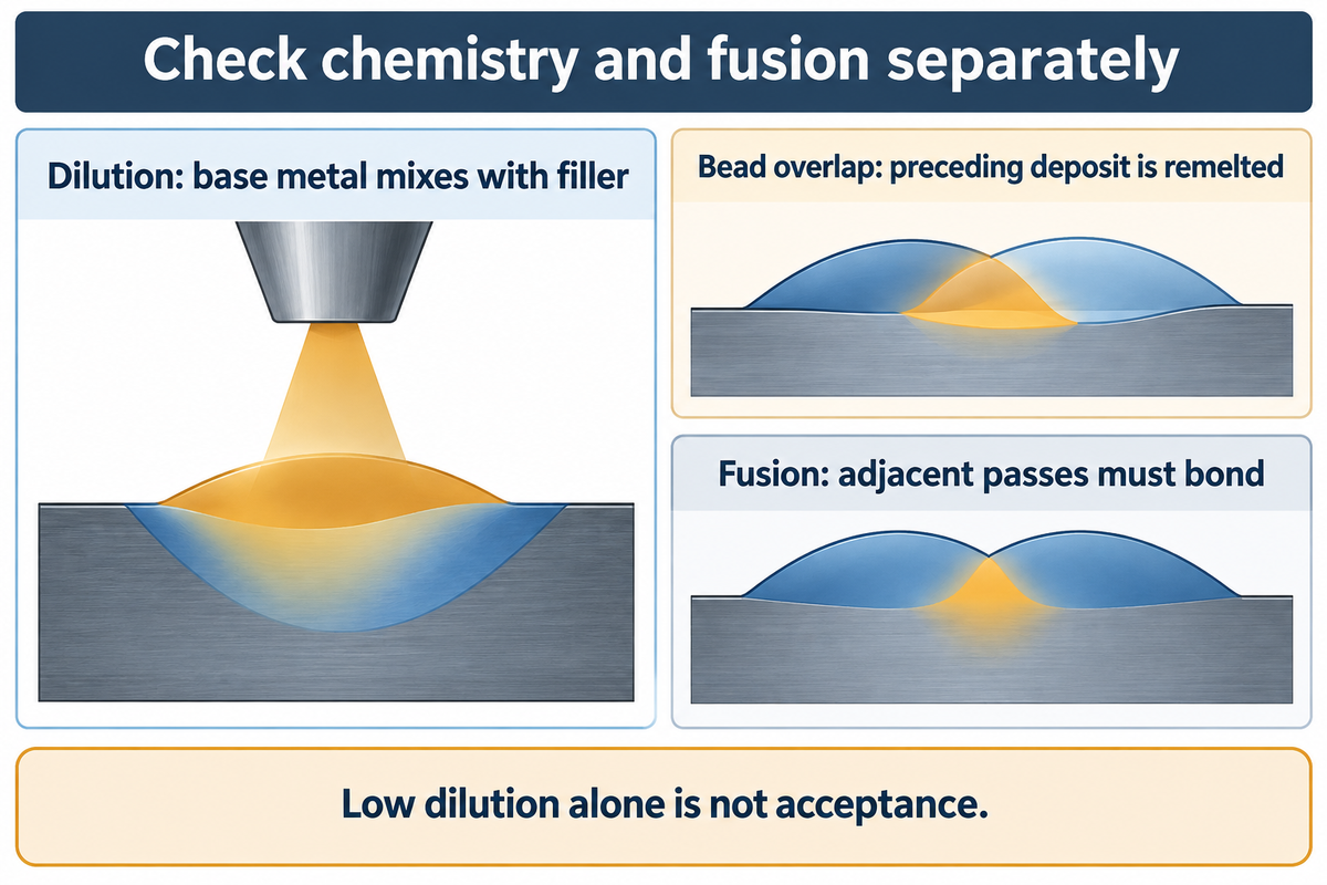 Low dilution alone does not establish fusion acceptance; TWI 2010 Alloy 625 overlay study.
