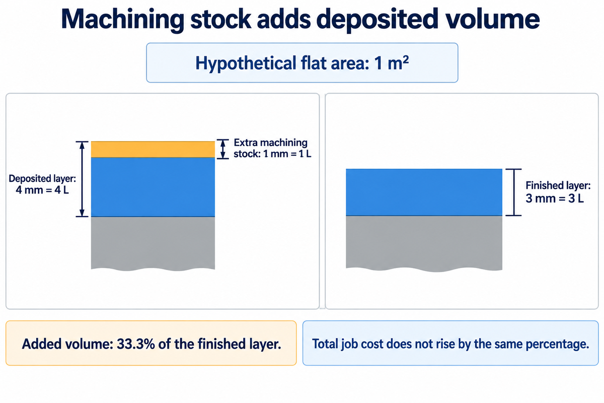 Hypothetical 1 m²: 3 mm finished layer plus 1 mm stock needs 4 L deposited, 33.3% extra volume; geometric calculation.
