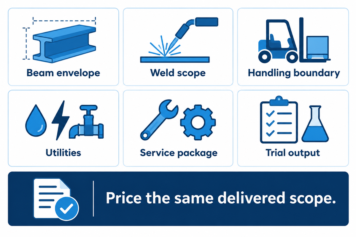 Compare six quotation inputs on the same delivered scope: dimensions, welds, handling, utilities, service and trial output.