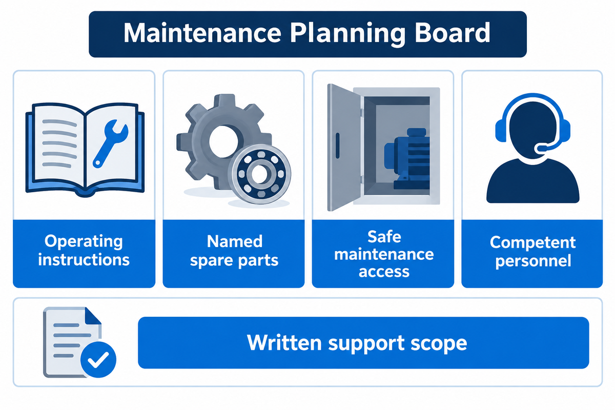 Specify parts, instructions, safe access and competent maintenance support (Aubrik guide; UK HSE maintenance guidance).