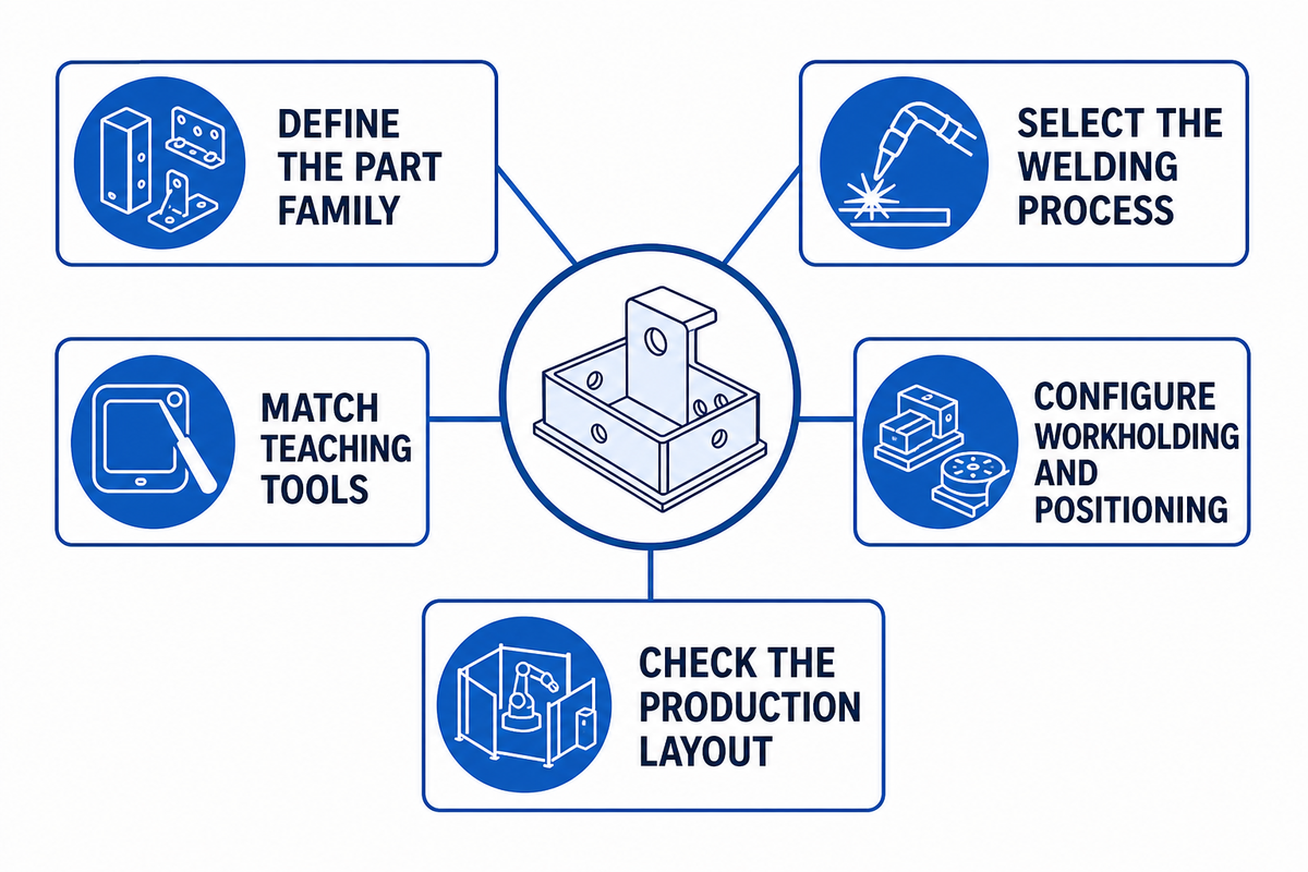 Generic configuration map for part family, welding process, teaching, workholding and layout