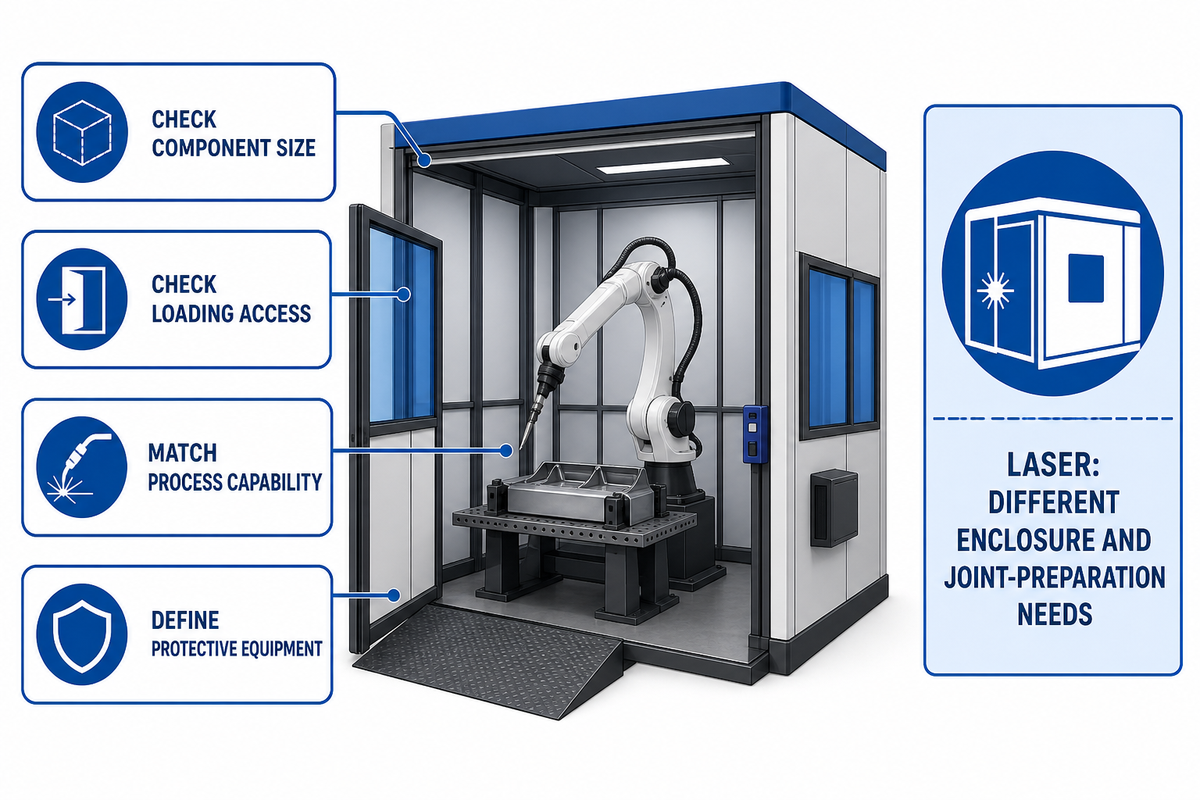 Generic enclosed welding cell showing part fit, access, protection and laser-specific requirements