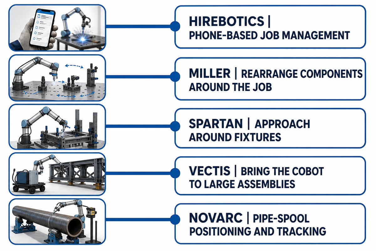 Specialist cobot welding routes for teaching, reconfiguration, access, mobility and pipe spools