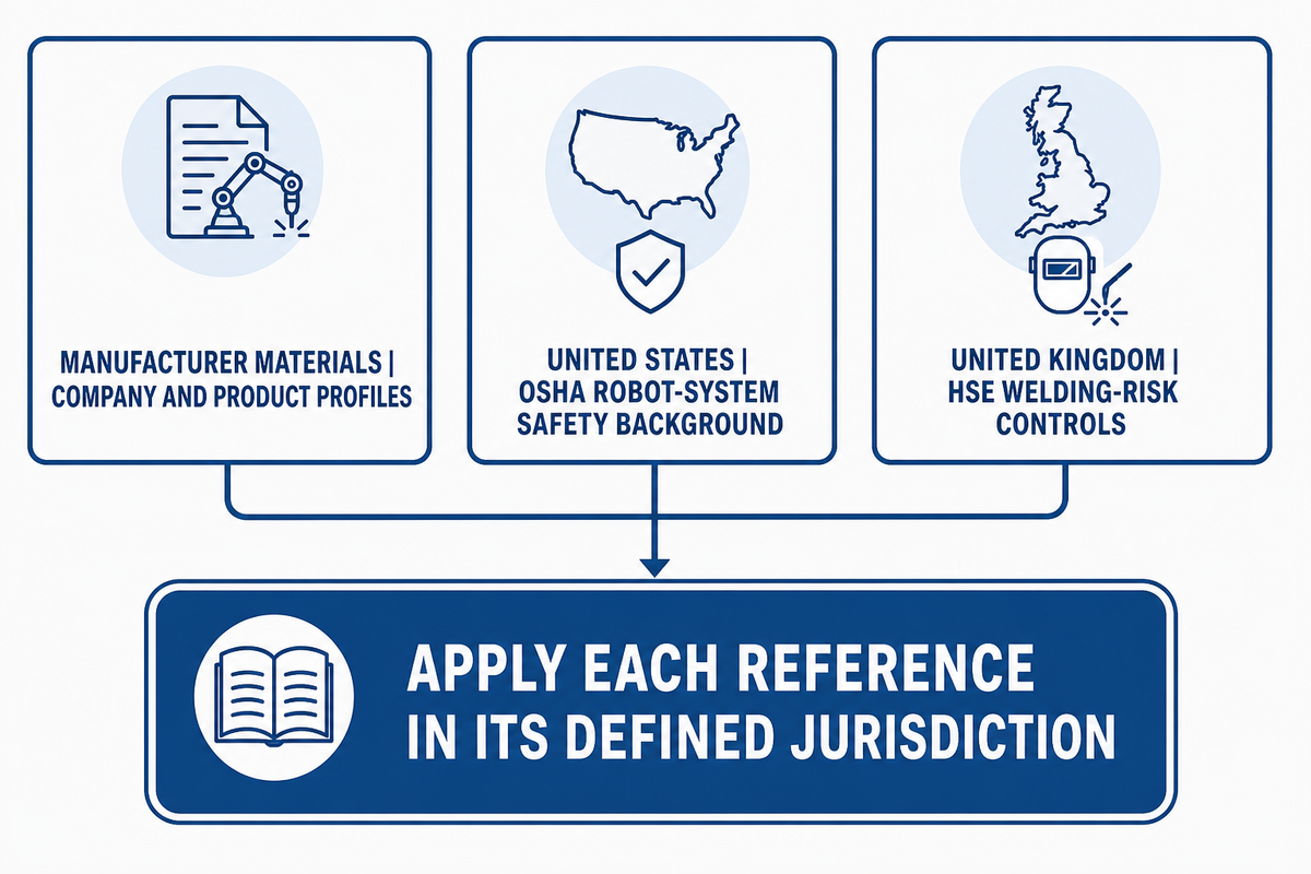 Manufacturer sources and jurisdiction-specific OSHA and HSE safety reference roles