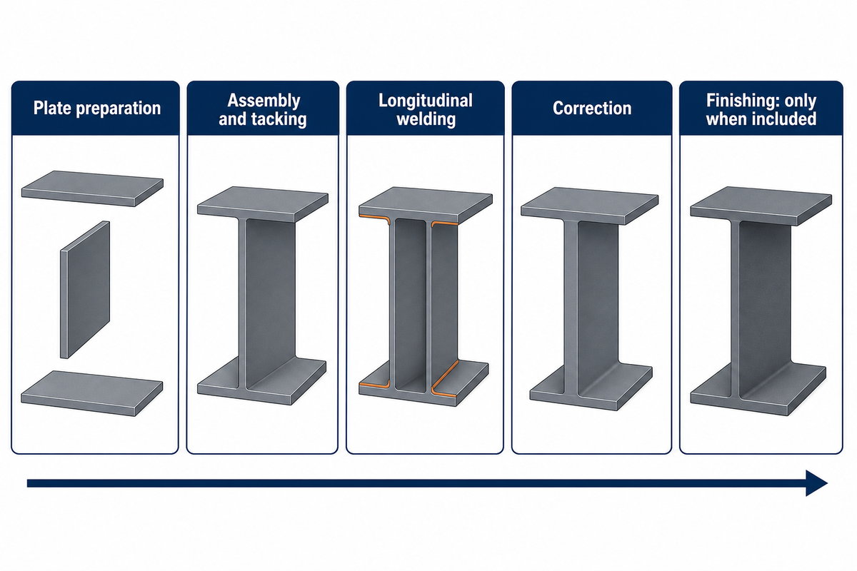A typical route is cutting, assembly, welding and correction; finishing is included only when quoted.