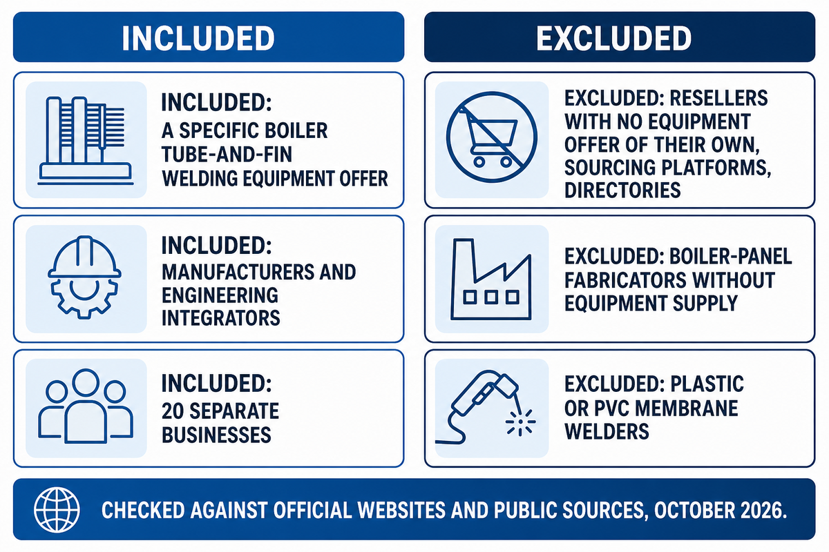 Included: boiler tube-and-fin welding equipment makers and integrators. Excluded: resellers, directories, panel fabricators