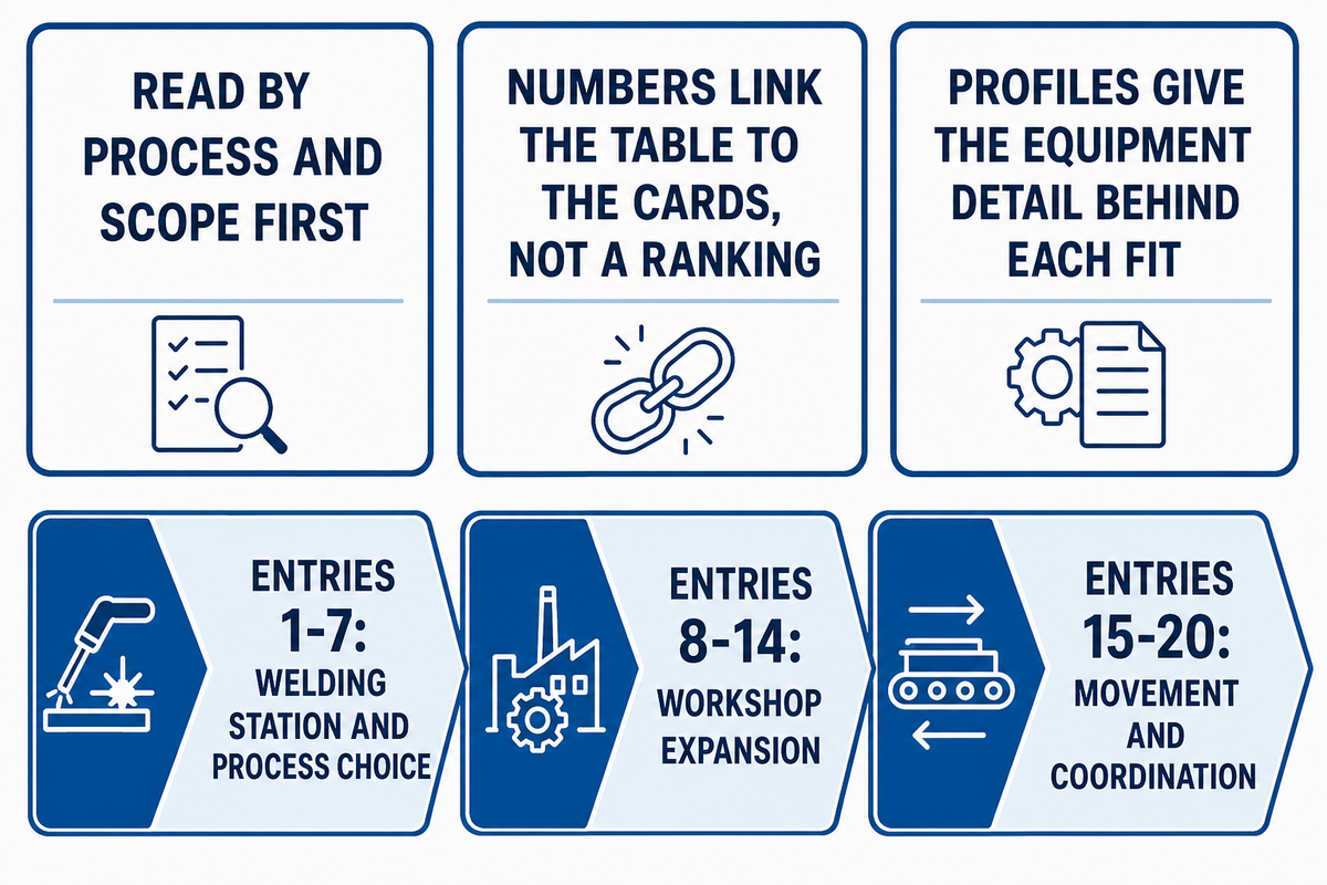 How to read the 20-supplier table: process and scope first; entries 1-7, 8-14 and 15-20 are groups, not a ranking