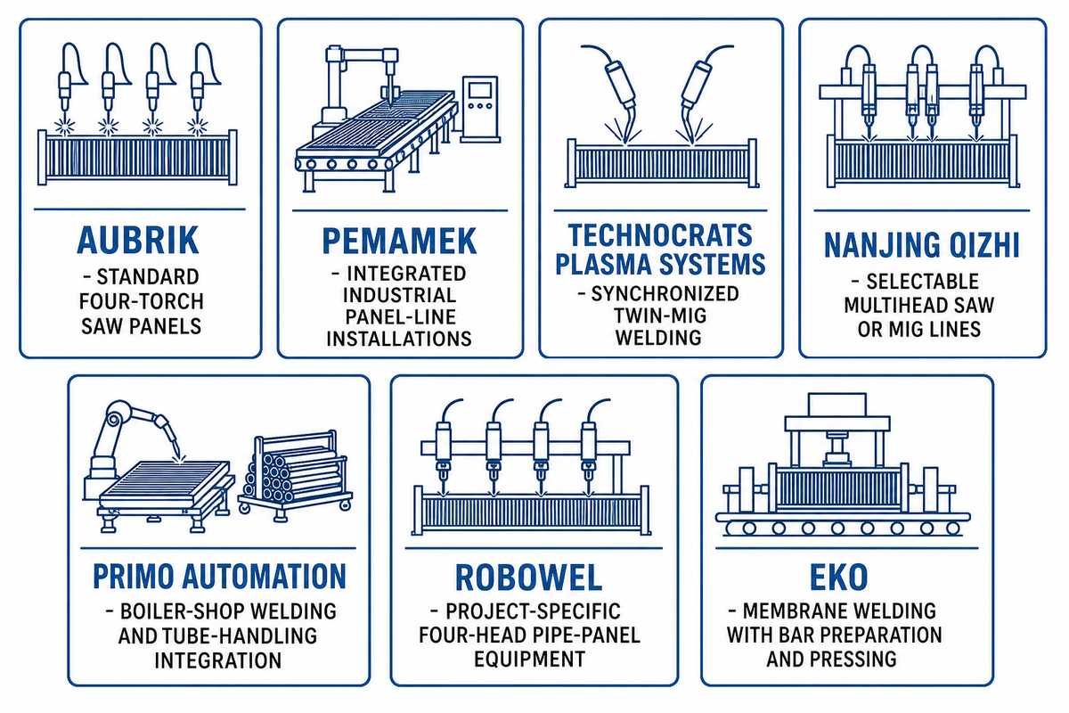 Best-fit map for entries 1-7: four-torch SAW, integrated lines, twin-MIG, multihead lines, tube handling, bar preparation