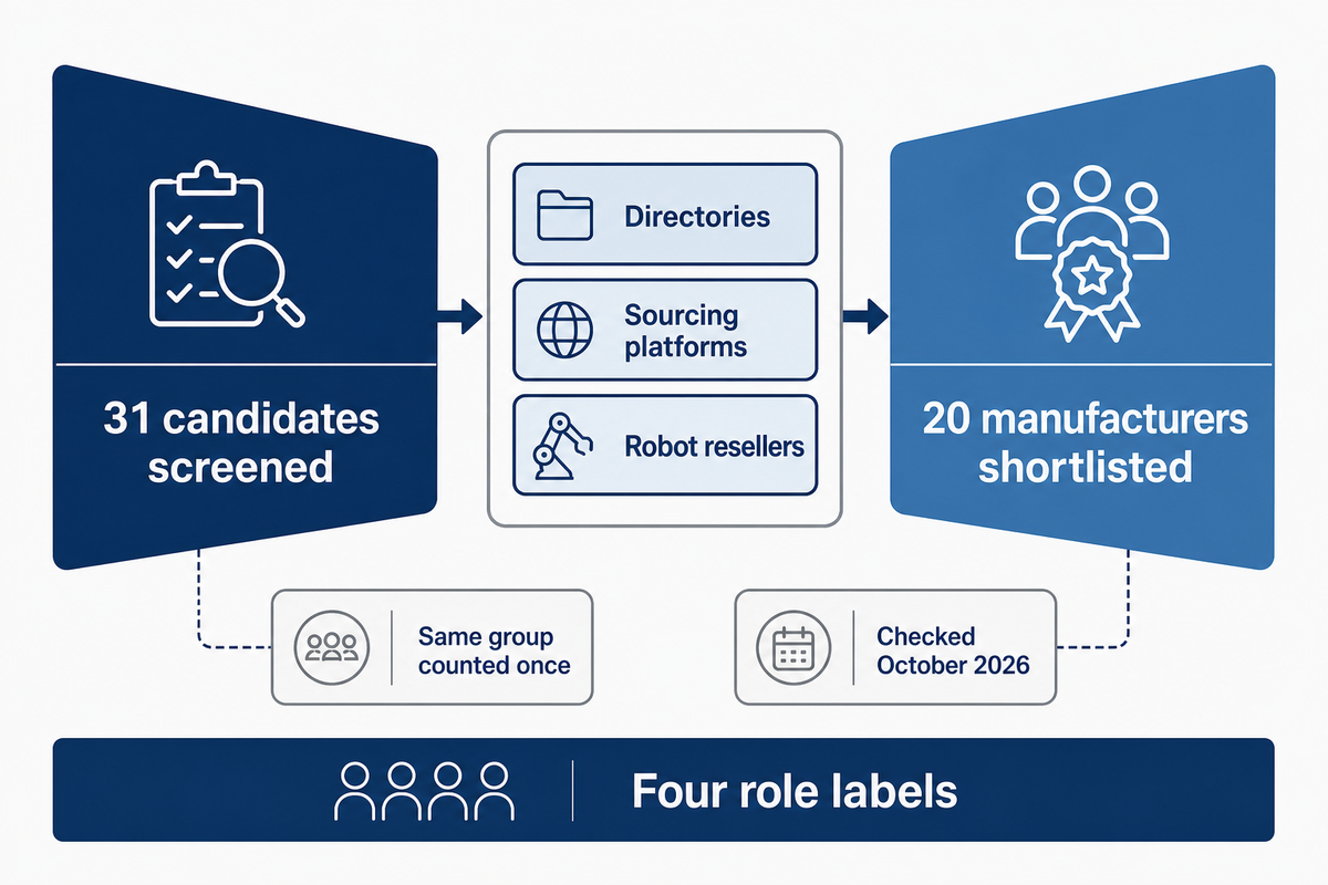 How the guide screened 31 candidates down to 20 welding manipulator manufacturers.