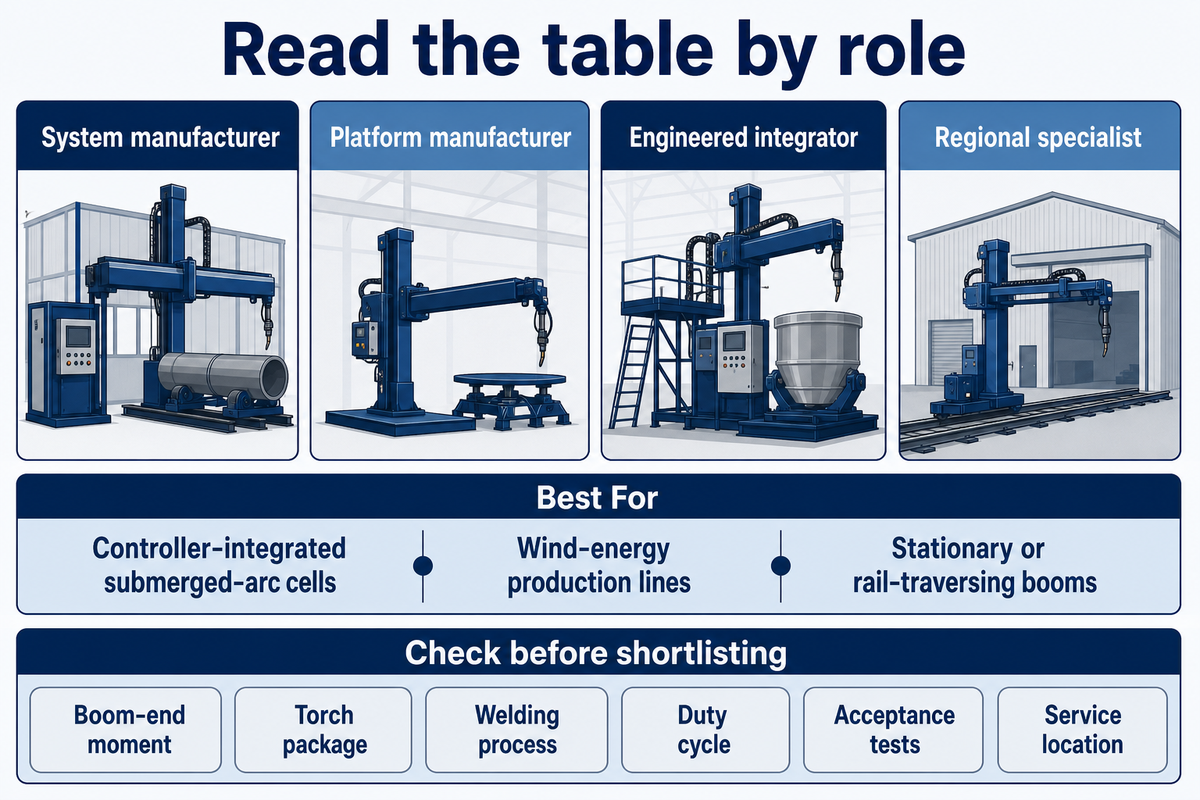The four company roles, the jobs the Best For column points to, and the six checks to make before shortlisting a welding manipulator manufacturer.