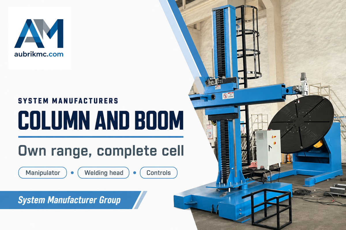 Column-and-boom welding manipulator beside a positioner: a system manufacturer sells the complete cell.