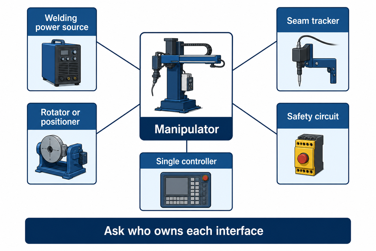 A welding manipulator connected to power source, seam tracker, rotator, safety circuit and one controller.