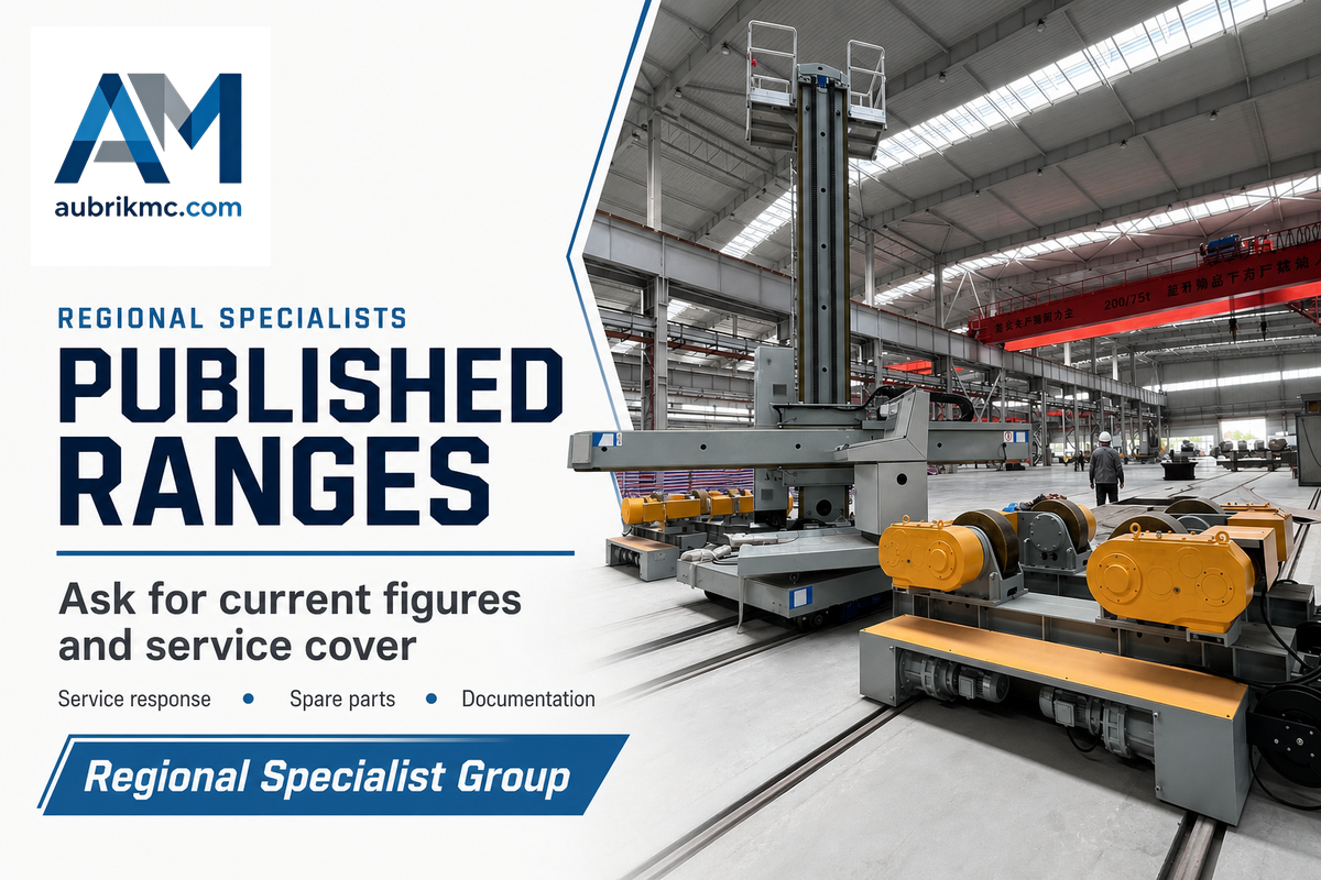 Rail-mounted column-and-boom manipulator with turning rolls: regional specialists are judged on service, spares and documentation.