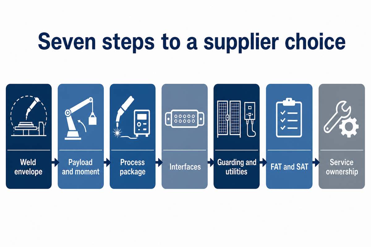 Seven steps for choosing a welding manipulator manufacturer, from weld envelope to service ownership.