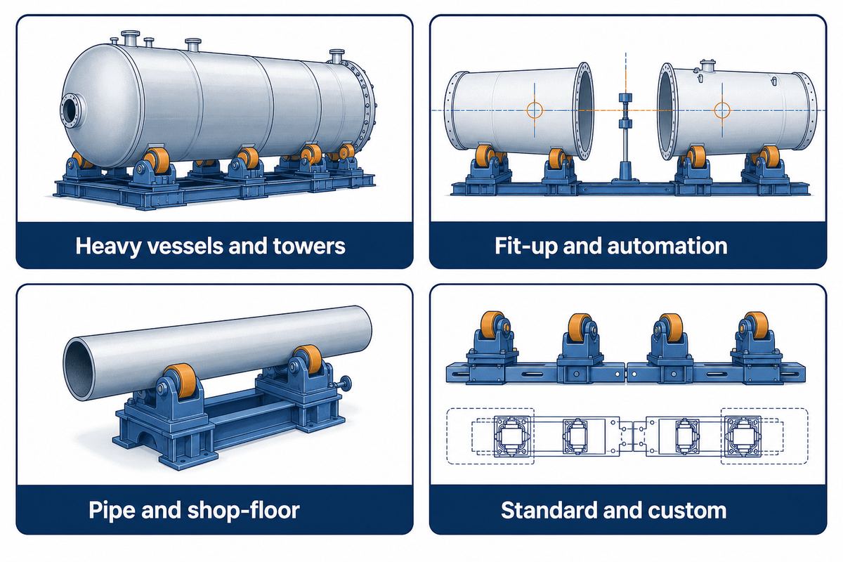 The manufacturer comparison is grouped by heavy vessels, fit-up, compact pipe work, and standard or custom systems.