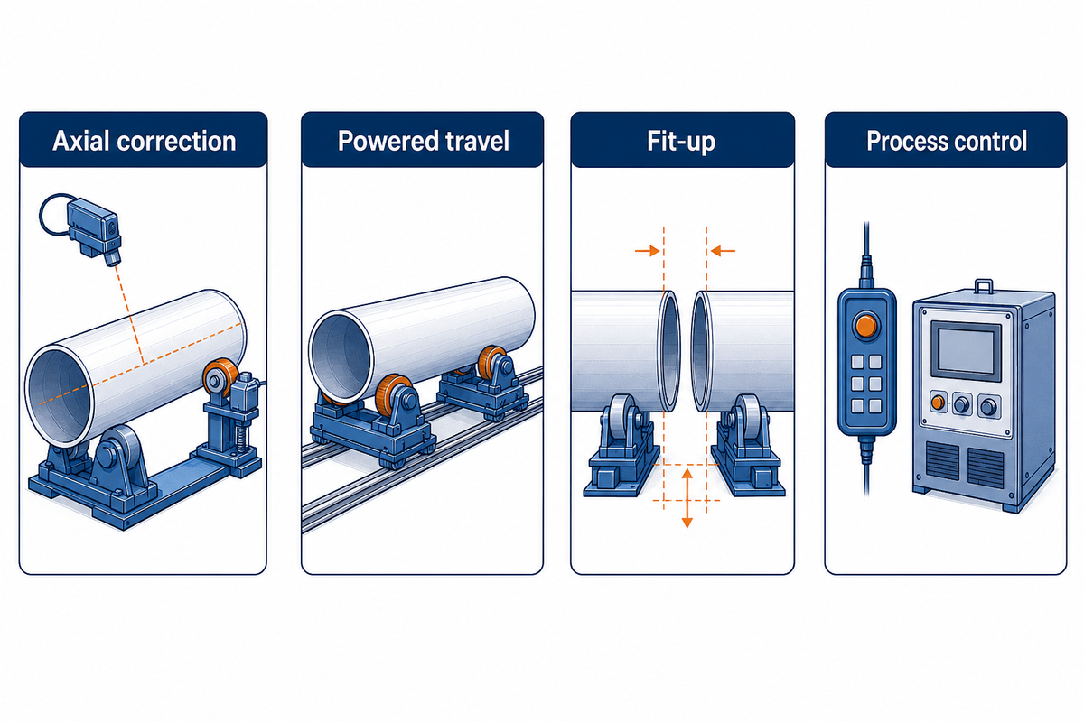 Axial correction, powered travel, fit-up and process control are separate quotation requirements.