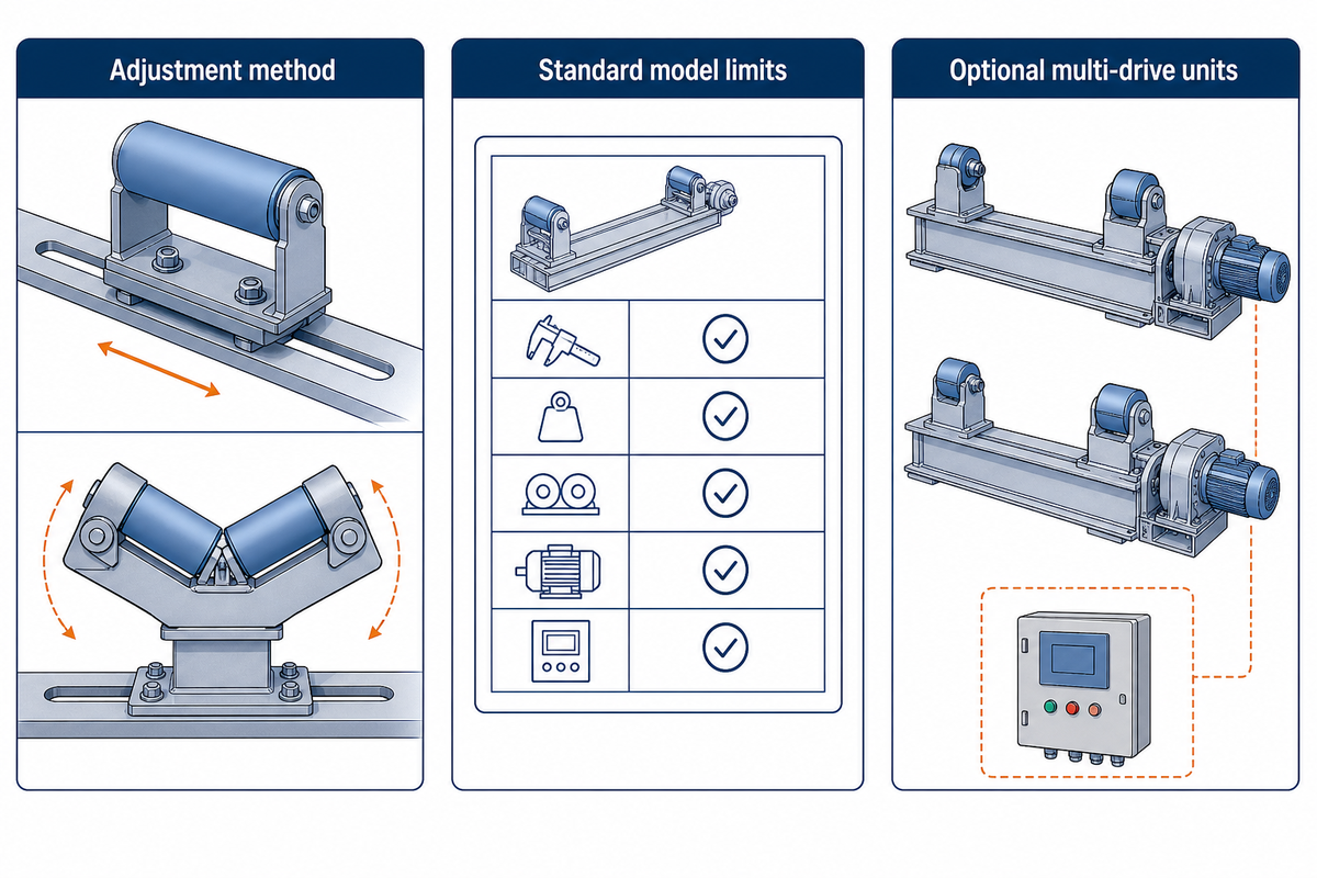 Similar-looking rotators can differ in adjustment method, standard model limits and optional multi-drive equipment.