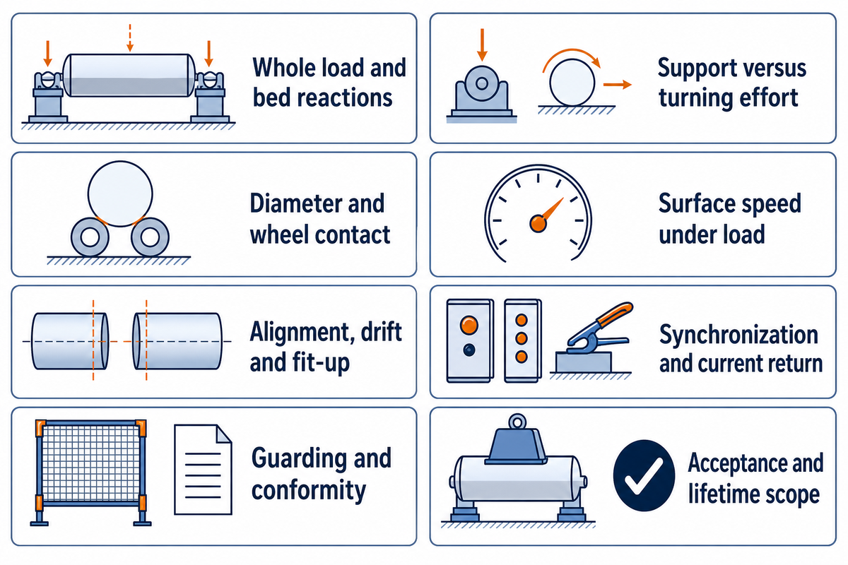 A complete inquiry separates load, drive, contact, speed, alignment, electrical return, conformity and acceptance scope.