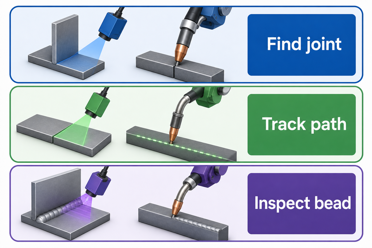 Three distinct welding sensor tasks: find the joint track a configured path and inspect the finished bead