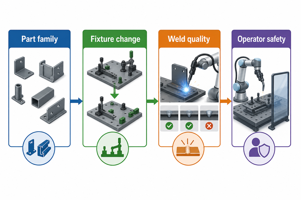 Cobot welding trial gates for part family fixture changes accepted weld quality and operator safety