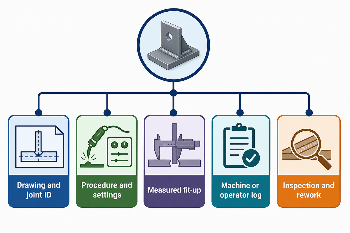 Five linked welding trial records from drawing and procedure through fit-up log and inspection