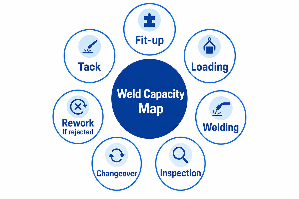 Aubrik buyer aid: measure fit-up, tack, loading, welding, inspection, changeover, and rework if rejected.